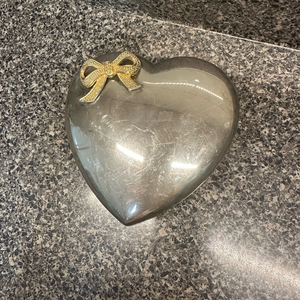 Vintage Silver Heart Shaped Box with Gold Tone Bow